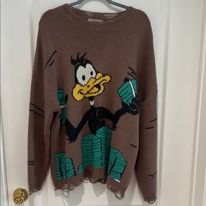 Empty Reference Brown Sweater with Daffy Duck Cartoon Design